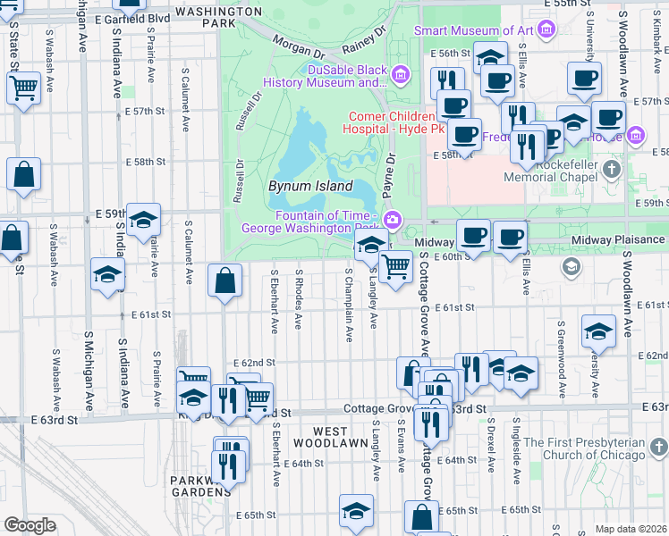 map of restaurants, bars, coffee shops, grocery stores, and more near 607 East 60th Street in Chicago