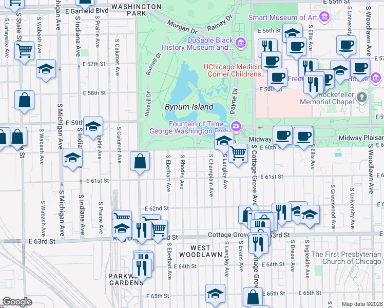 map of restaurants, bars, coffee shops, grocery stores, and more near 539 East 60th Street in Chicago