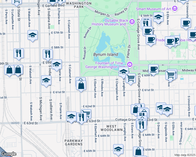 map of restaurants, bars, coffee shops, grocery stores, and more near 6006 South Eberhart Avenue in Chicago
