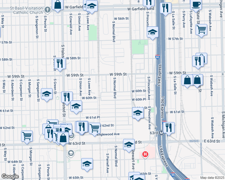 map of restaurants, bars, coffee shops, grocery stores, and more near 454 West 60th Street in Chicago
