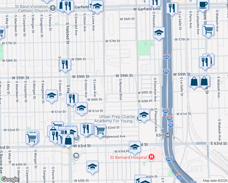 map of restaurants, bars, coffee shops, grocery stores, and more near 534 West 60th Street in Chicago
