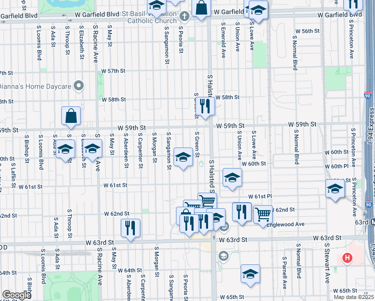map of restaurants, bars, coffee shops, grocery stores, and more near 5952 South Green Street in Chicago