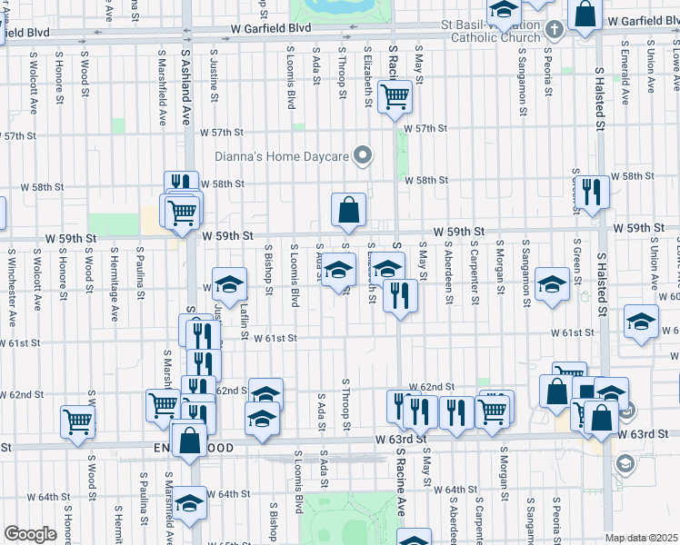map of restaurants, bars, coffee shops, grocery stores, and more near 5945 South Throop Street in Chicago