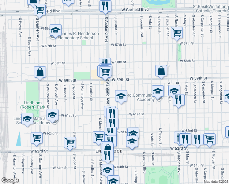 map of restaurants, bars, coffee shops, grocery stores, and more near 5943 South Justine Street in Chicago