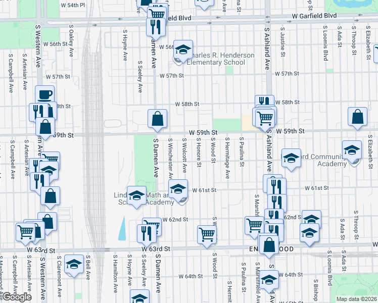 map of restaurants, bars, coffee shops, grocery stores, and more near 5938 South Wolcott Avenue in Chicago