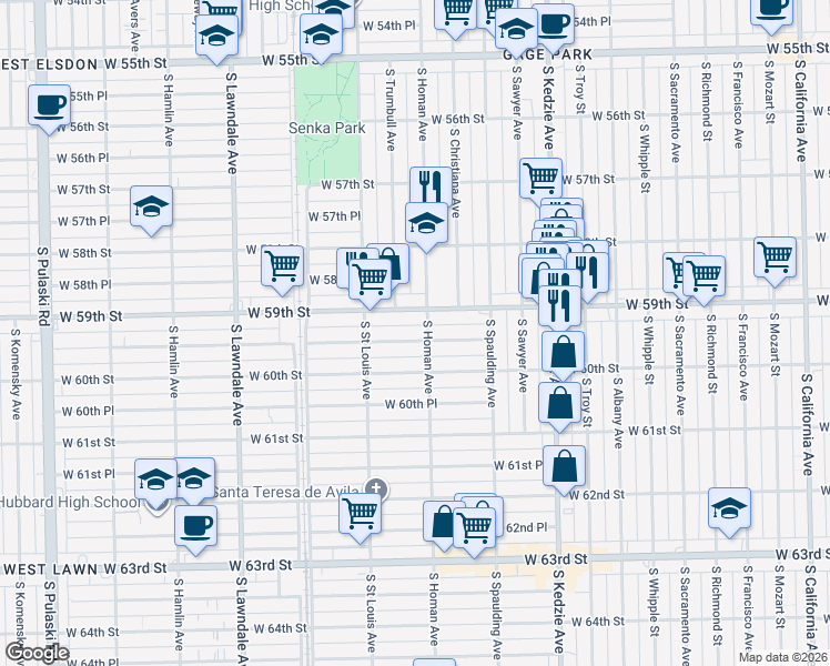 map of restaurants, bars, coffee shops, grocery stores, and more near 3358 West 59th Place in Chicago