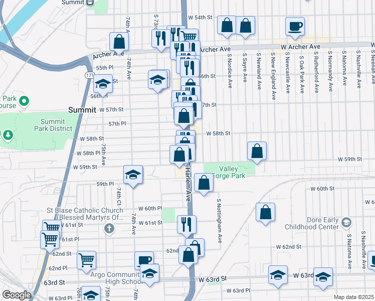 map of restaurants, bars, coffee shops, grocery stores, and more near 5839 Illinois 43 in Chicago