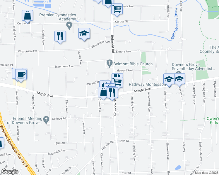 map of restaurants, bars, coffee shops, grocery stores, and more near 5520 Belmont Road in Downers Grove
