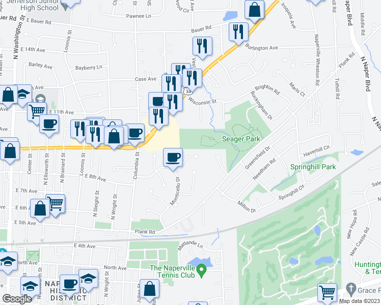 map of restaurants, bars, coffee shops, grocery stores, and more near 821 Biltmore Court in Naperville
