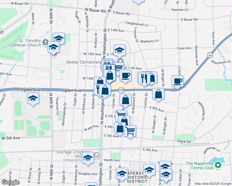 map of restaurants, bars, coffee shops, grocery stores, and more near 847 North Center Street in Naperville