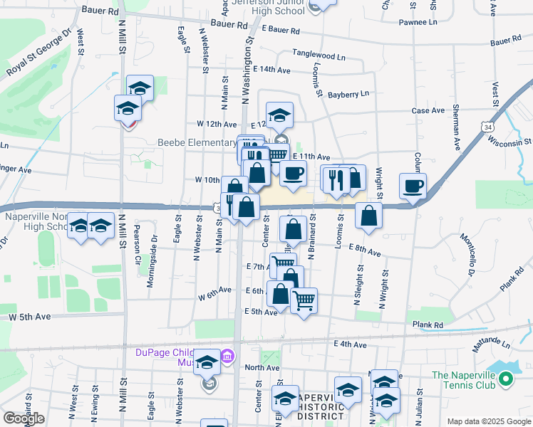 map of restaurants, bars, coffee shops, grocery stores, and more near 847 North Center Street in Naperville