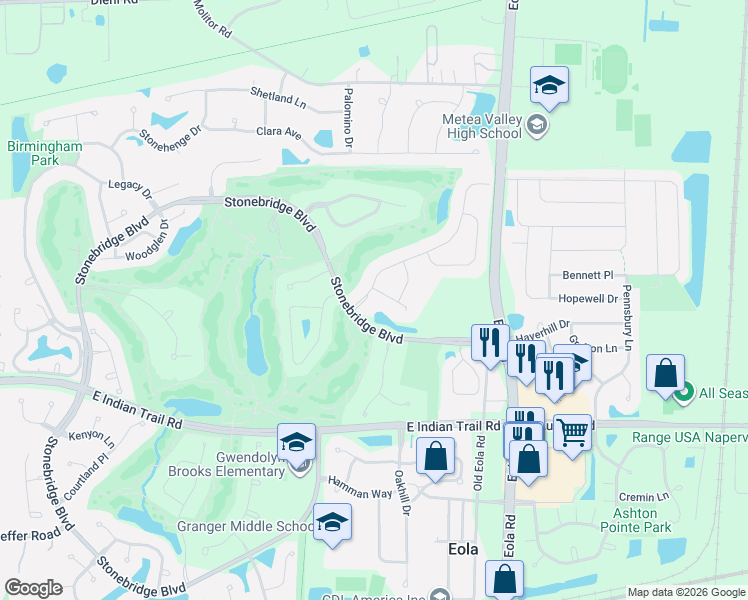 map of restaurants, bars, coffee shops, grocery stores, and more near 2915 Oxford Court in Aurora