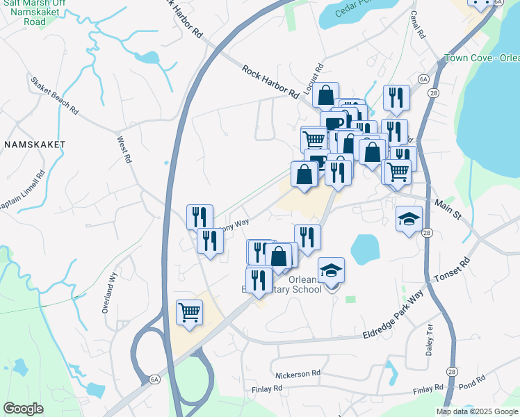map of restaurants, bars, coffee shops, grocery stores, and more near 42 Old Colony Way in Orleans