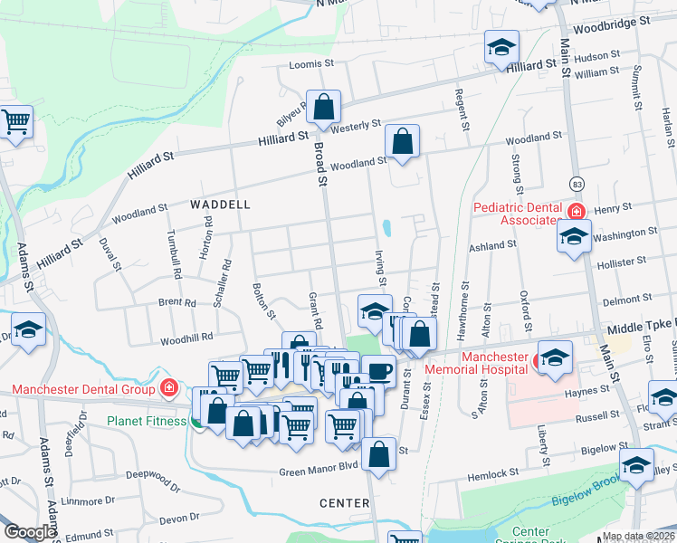 map of restaurants, bars, coffee shops, grocery stores, and more near 42 Columbus Street in Manchester