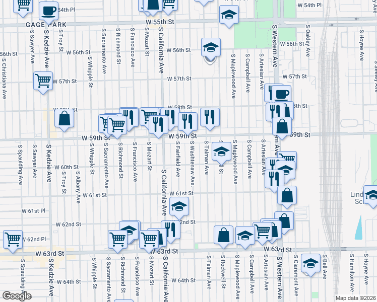 map of restaurants, bars, coffee shops, grocery stores, and more near 5930 South Washtenaw Avenue in Chicago