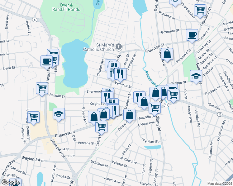 map of restaurants, bars, coffee shops, grocery stores, and more near 25 Rhode Island Street in Cranston