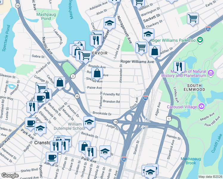 map of restaurants, bars, coffee shops, grocery stores, and more near 77 Paine Avenue in Cranston