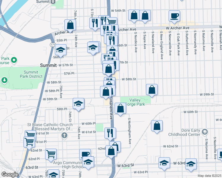 map of restaurants, bars, coffee shops, grocery stores, and more near West 58th Place in Chicago
