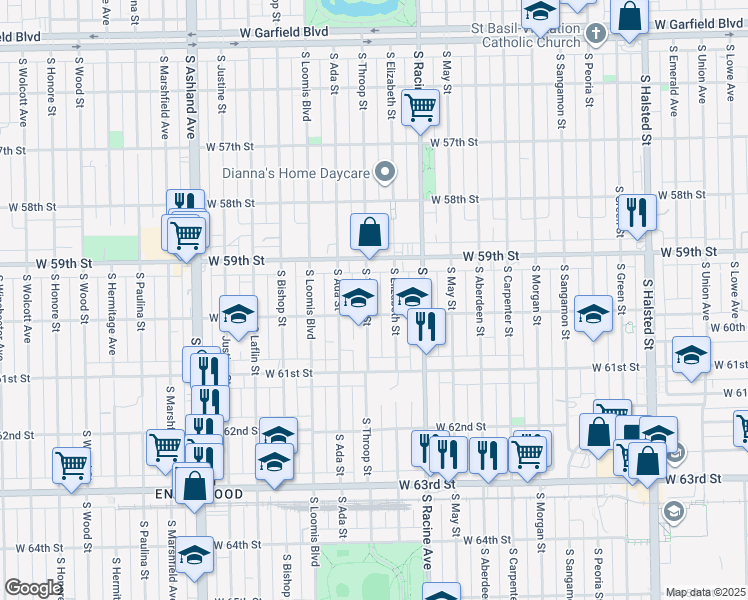 map of restaurants, bars, coffee shops, grocery stores, and more near 5945 South Throop Street in Chicago