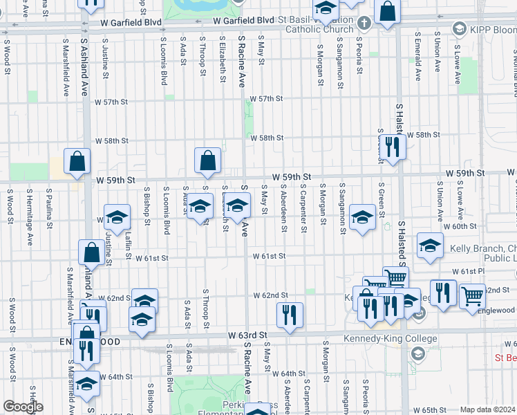 map of restaurants, bars, coffee shops, grocery stores, and more near 5948 South May Street in Chicago