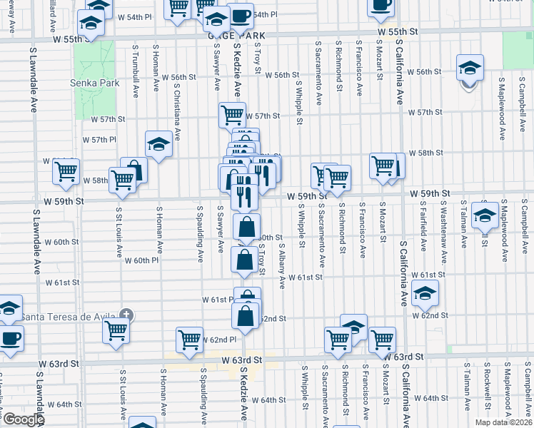 map of restaurants, bars, coffee shops, grocery stores, and more near 5925 South Troy Street in Chicago