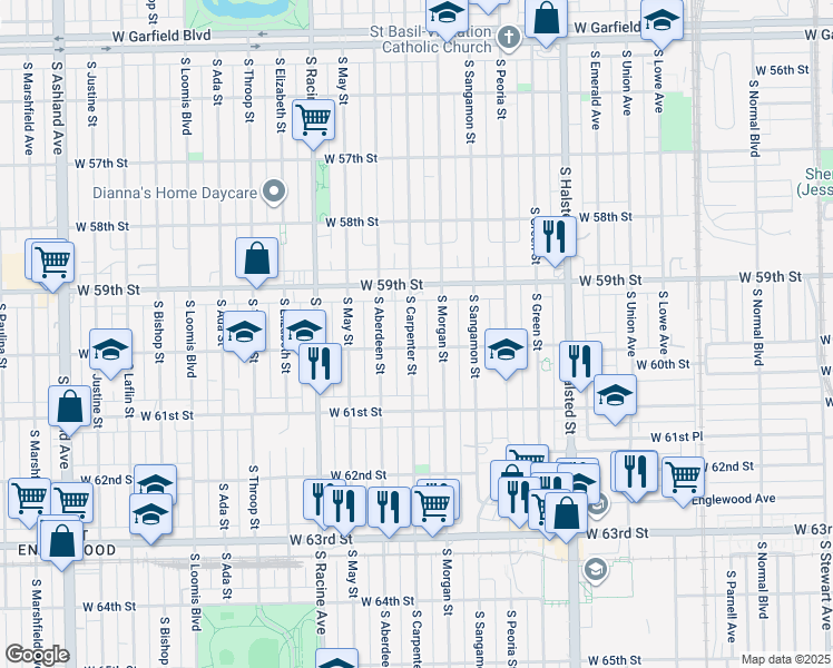map of restaurants, bars, coffee shops, grocery stores, and more near 5947 South Carpenter Street in Chicago