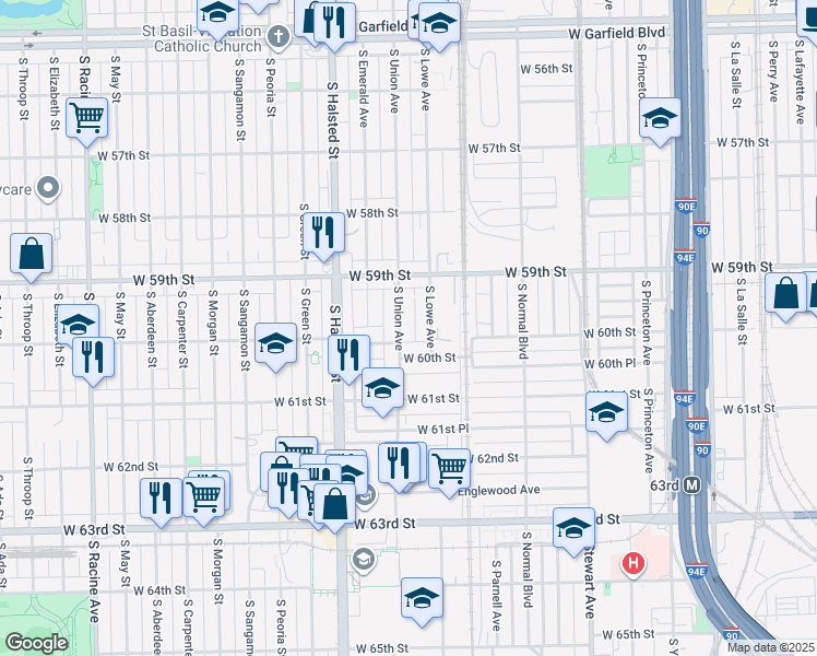map of restaurants, bars, coffee shops, grocery stores, and more near 5953 South Union Avenue in Chicago
