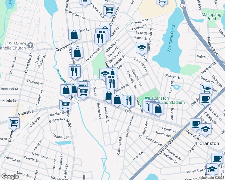 map of restaurants, bars, coffee shops, grocery stores, and more near 164 Gansett Avenue in Cranston