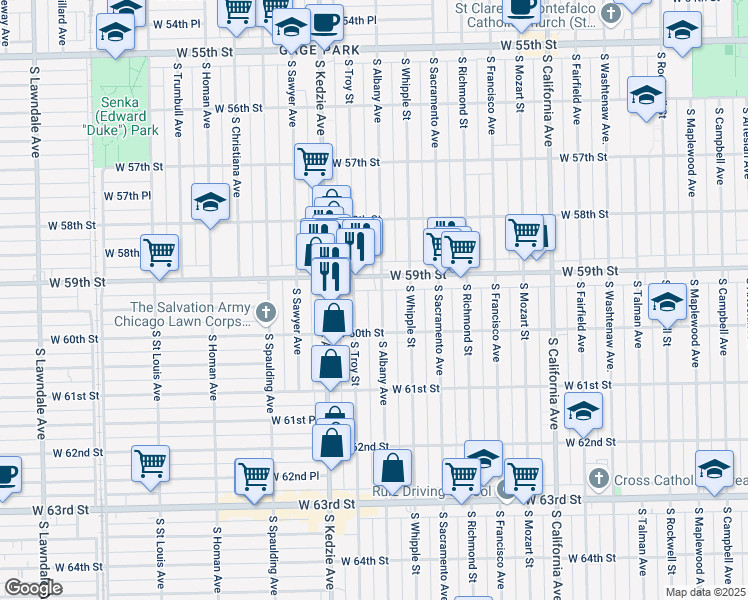 map of restaurants, bars, coffee shops, grocery stores, and more near 5925 South Albany Avenue in Chicago