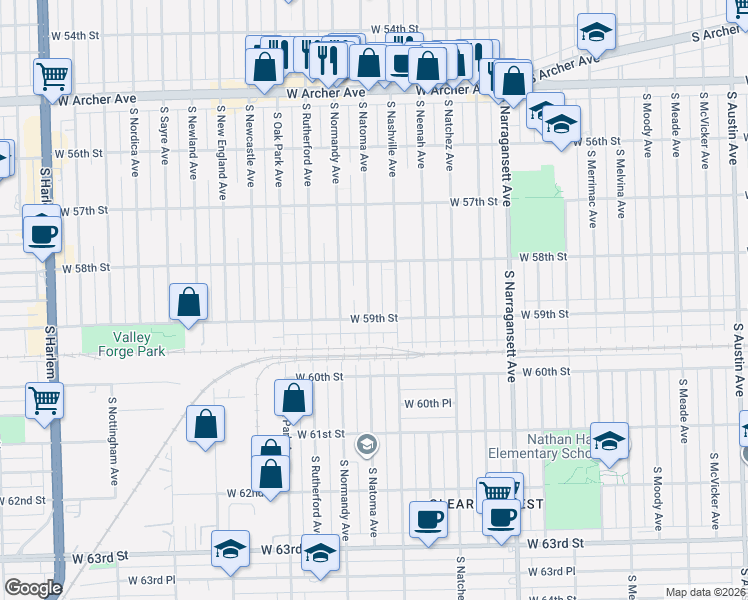 map of restaurants, bars, coffee shops, grocery stores, and more near 5841 South Natoma Avenue in Chicago
