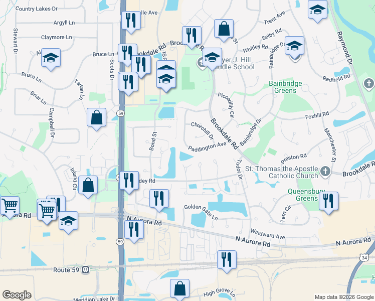 map of restaurants, bars, coffee shops, grocery stores, and more near 1820 Paddington Avenue in Naperville