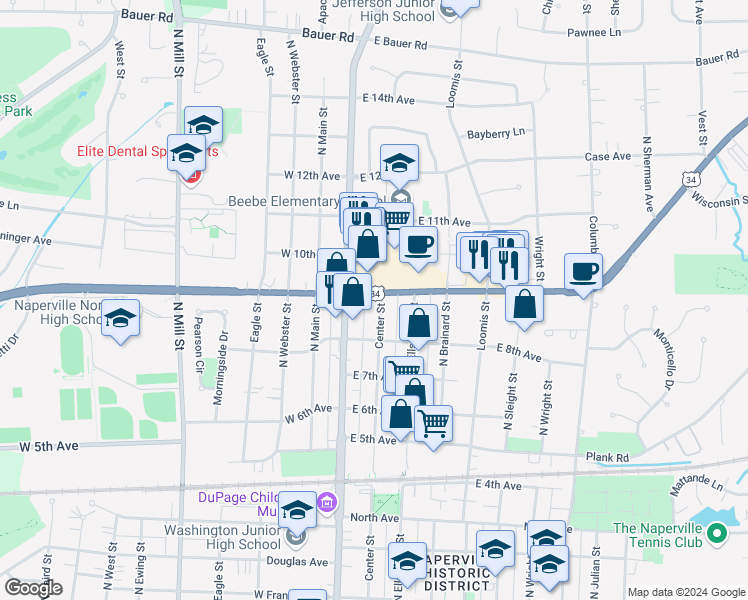 map of restaurants, bars, coffee shops, grocery stores, and more near 847 North Center Street in Naperville