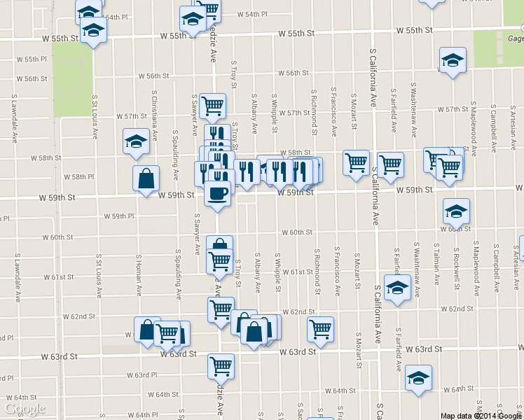 map of restaurants, bars, coffee shops, grocery stores, and more near 5925 S Albany Ave in Chicago
