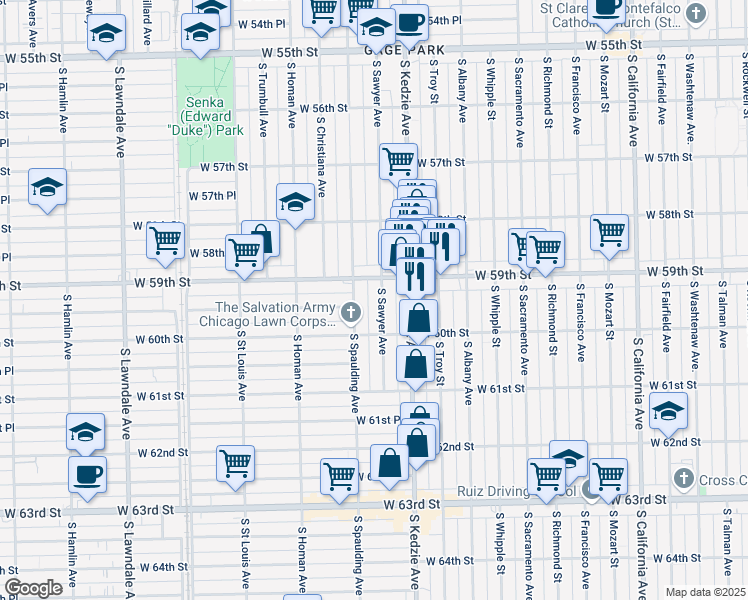 map of restaurants, bars, coffee shops, grocery stores, and more near 5922 South Sawyer Avenue in Chicago