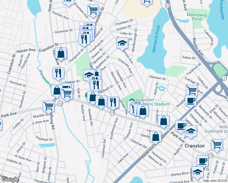 map of restaurants, bars, coffee shops, grocery stores, and more near 103 Jordan Avenue in Cranston