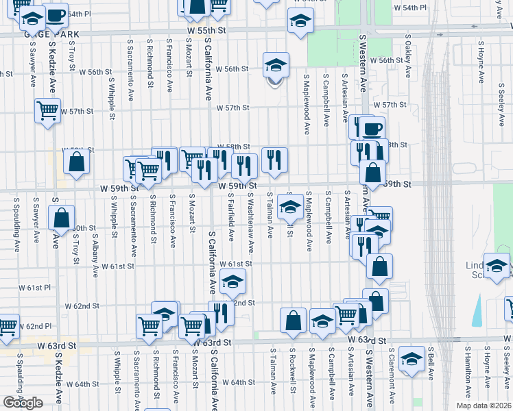 map of restaurants, bars, coffee shops, grocery stores, and more near 5930 South Washtenaw Avenue in Chicago
