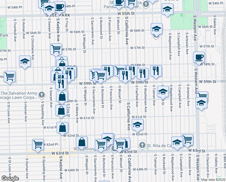 map of restaurants, bars, coffee shops, grocery stores, and more near 5927 South Francisco Avenue in Chicago