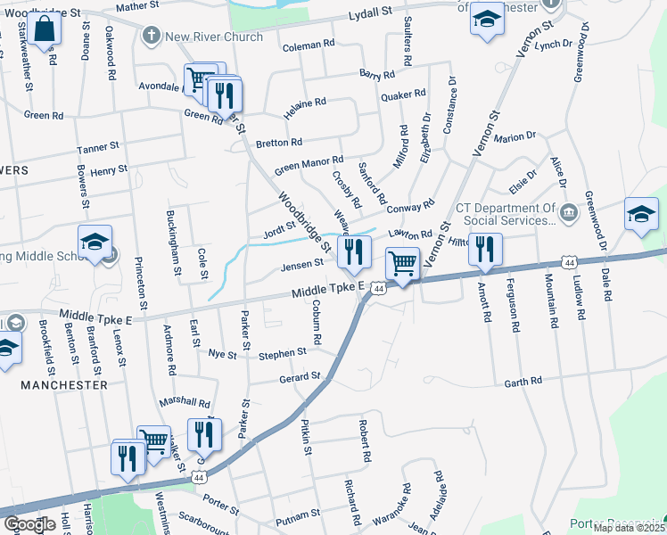 map of restaurants, bars, coffee shops, grocery stores, and more near 622 Woodbridge Street in Manchester