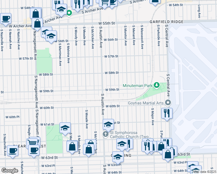 map of restaurants, bars, coffee shops, grocery stores, and more near 5852 South Mason Avenue in Chicago