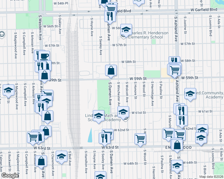 map of restaurants, bars, coffee shops, grocery stores, and more near 5937 South Damen Avenue in Chicago