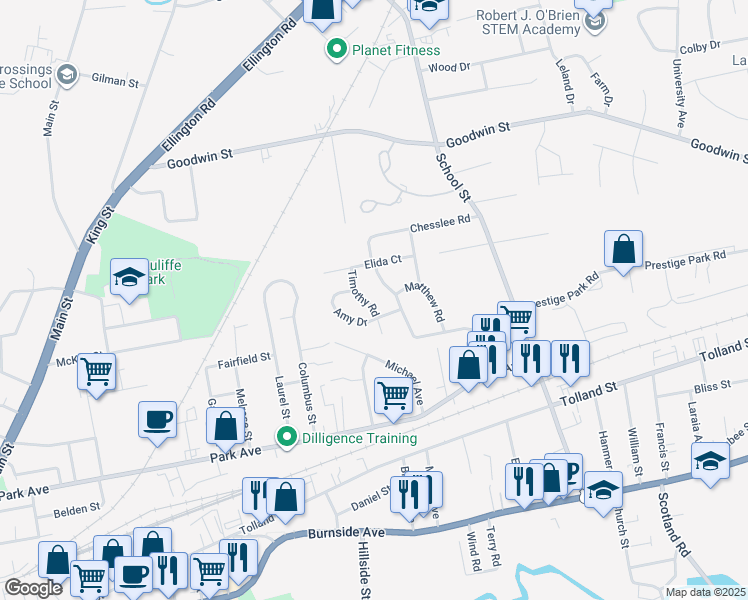 map of restaurants, bars, coffee shops, grocery stores, and more near 37 Timothy Road in East Hartford