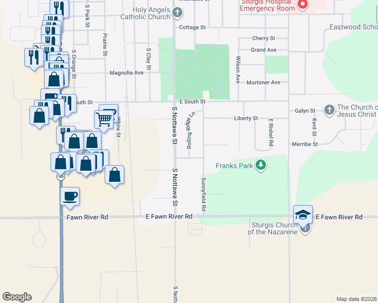 map of restaurants, bars, coffee shops, grocery stores, and more near 1425 Rolling Ridge Lane in Sturgis