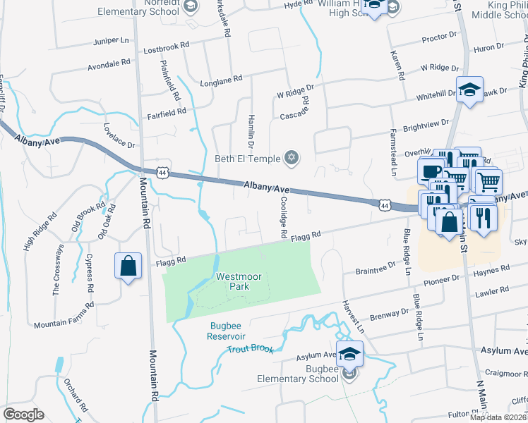 map of restaurants, bars, coffee shops, grocery stores, and more near 22 Saddle Ridge Drive in West Hartford
