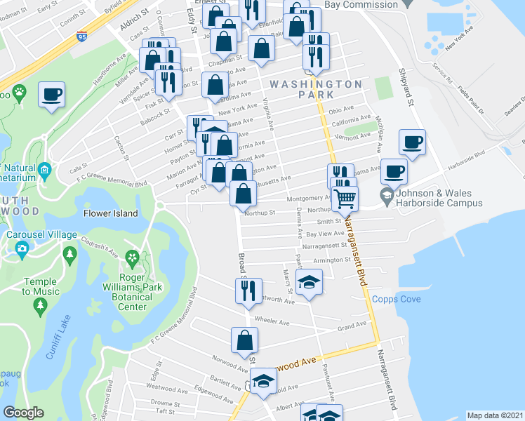 map of restaurants, bars, coffee shops, grocery stores, and more near 357 Northup Street in Cranston