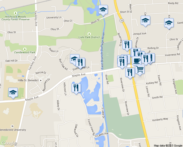 map of restaurants, bars, coffee shops, grocery stores, and more near 5501 East Lake Drive in Lisle