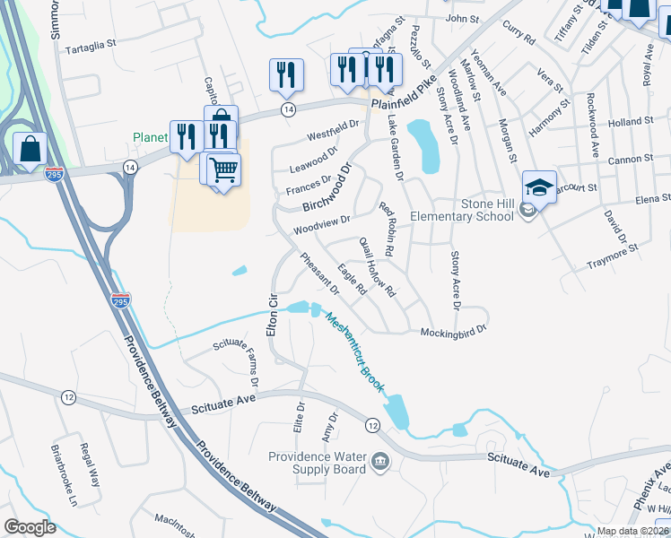 map of restaurants, bars, coffee shops, grocery stores, and more near 49 Eagle Road in Cranston