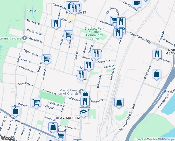 map of restaurants, bars, coffee shops, grocery stores, and more near 21 Elmer Street in Hartford