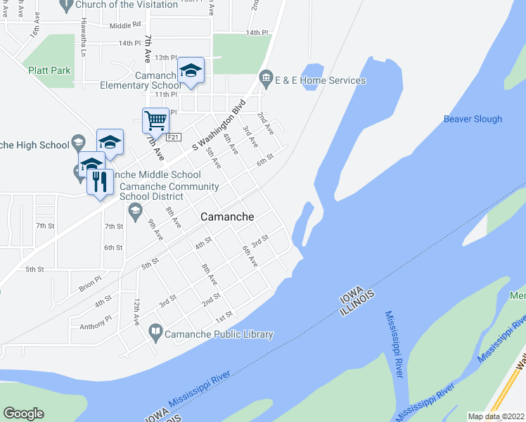 map of restaurants, bars, coffee shops, grocery stores, and more near 408 4th Street in Camanche