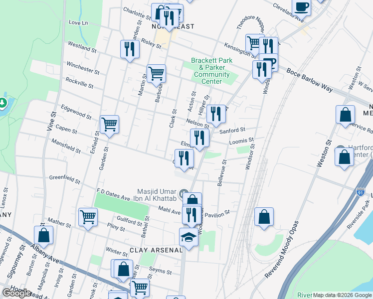 map of restaurants, bars, coffee shops, grocery stores, and more near 43 Elmer Street in Hartford