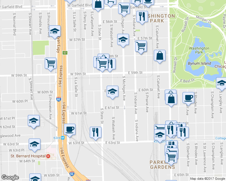 map of restaurants, bars, coffee shops, grocery stores, and more near 6000 S Wabash Ave in Chicago